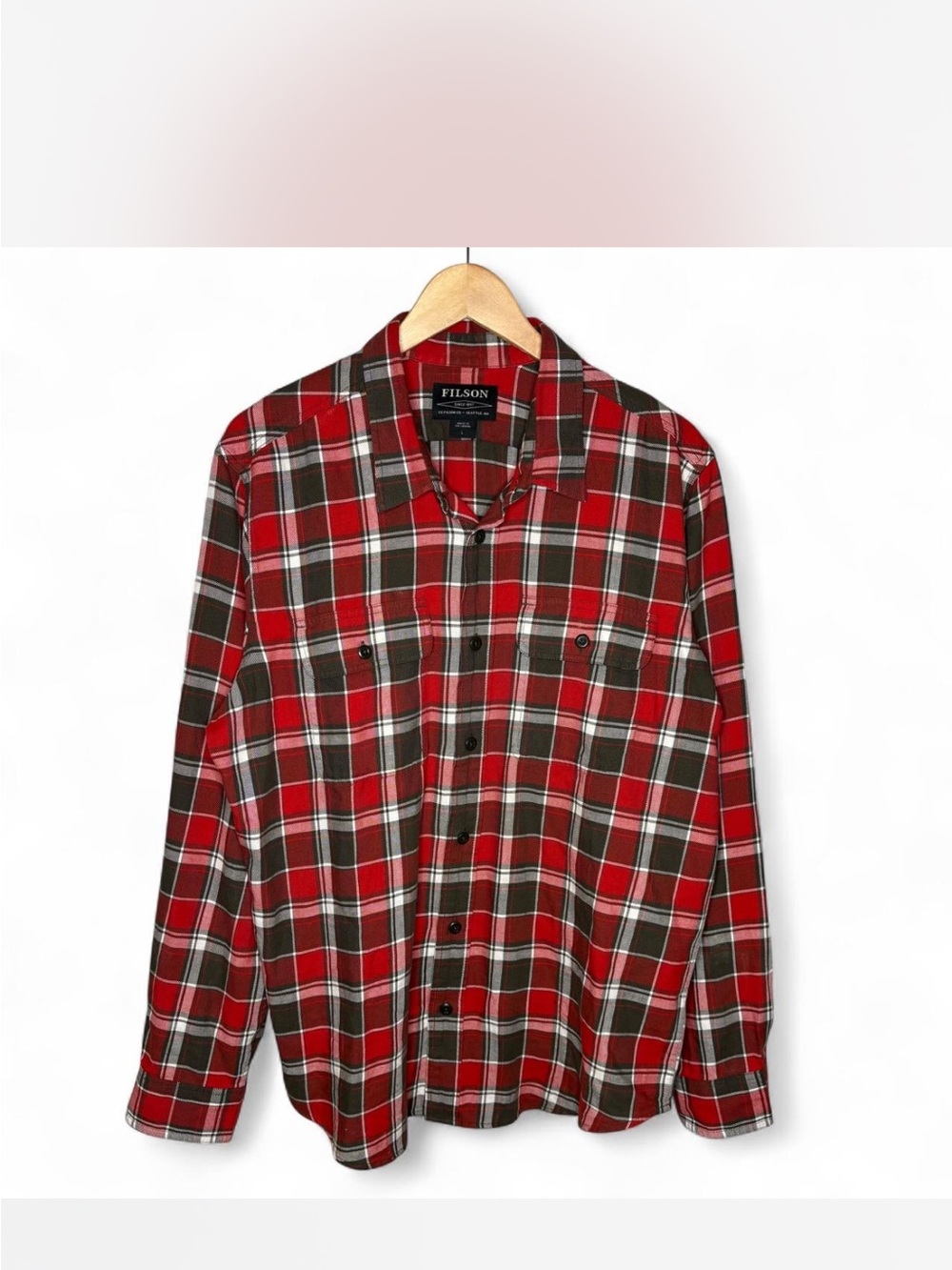 Filson Men's Red and Gray Plaid Long Sleeve Button Up Shirt Large Outdoor Work